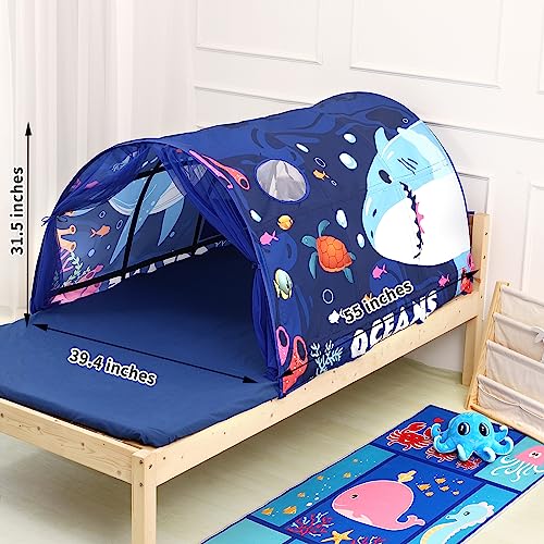 Lucky castle Bed Tent for Kids Toddler Foldable Game House Children Play Tents Breathable Cottage Combination Sleeping Canopy Playhouse Double Net Curtain with Storage Bag, Ocean,(bed tent-ocean)