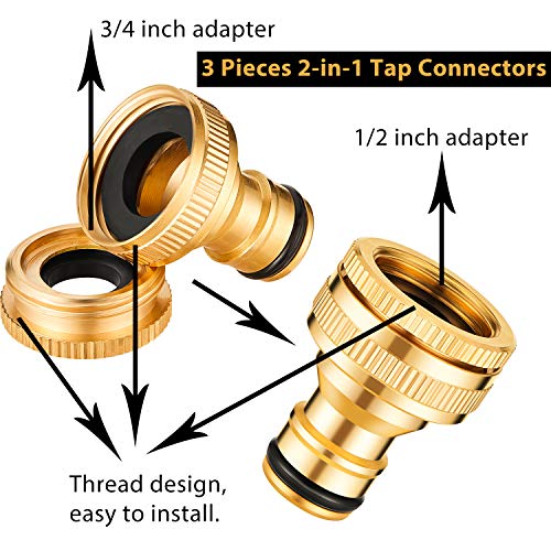 Outus 6 Pieces Brass Hose Tap Connectors 1/2 Inch and 3/4 Inch 2-in-1 Faucet Adapter 1/2 Inch Garden Hose Quick Connector with 18 Pieces Sealing Ring Shower Hose Washer for Garden Hose Pipe Tube