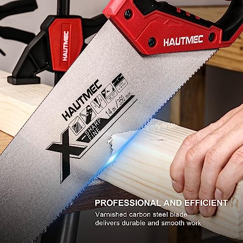 HAUTMEC 14 in. X-Sharp Hand Saw, 12 TPI Woodworking Handsaw, Soft-Grip Sharp SharpTooth for Cutting and Sawing Trees, Plastic Pipes, Drywall HT0295