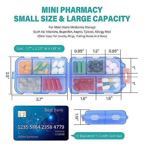 6 Pack Small Travel Pill Organizer for Purse, Pocket, Bag - 10 Compartments Pill Holder Box, Medicine Container Case - Portable Mini Pharmacy for Weekly/Daily Travel, Outdoor, Office - A Unique Gift