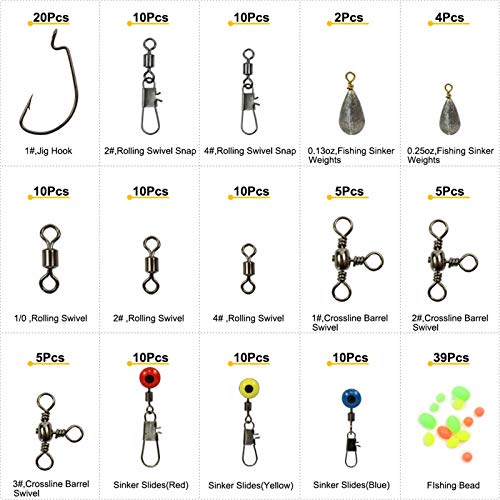 Croch 160pcs/box Fishing Accessories kit with Tackle Box,Including Jig Hooks, Bullet Bass Casting Sinker Weights, Different Fishing Swivels Snaps, Sinker Slides, Fishing Line Beads