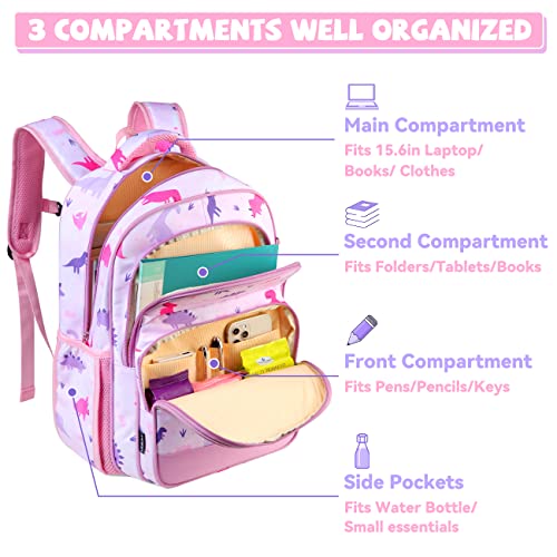 Backpack for Girls,VASCHY Large Lightweight Kids Backpack for Preschool/Primary/Elementary School Bookbag for Teens Travel Gifts Daycare Dinosaur Pink