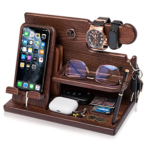 Wood Phone Docking Station Ash Key Holder Wallet Stand Watch Organizer Men Gift Husband Wife Anniversary Dad Birthday Nightstand Purse Father Graduation Male Travel Idea Gadgets (Brown)