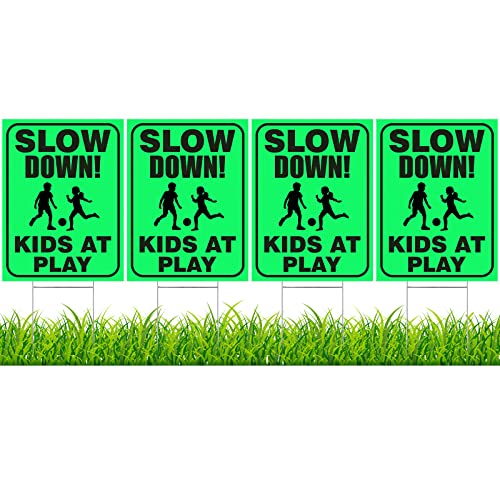 4 Pieces Slow Down Kids At Play Sign with Metal Stake, 12 x 16 Inch Kids At Play Safety Signs, Double Sided Child Safety Caution Signs, Children Sign for Street, Lawn Neighborhoods(Green)