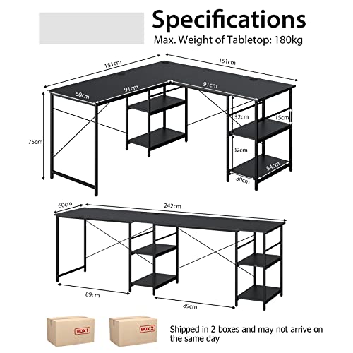 Giantex L-Shaped Desk with Storage Shelves, 242cm Wooden Corner Desk, Large Computer Gaming PC Desk, Home Workstation, Writing Table Study Desk for Bedroom Study (Black)