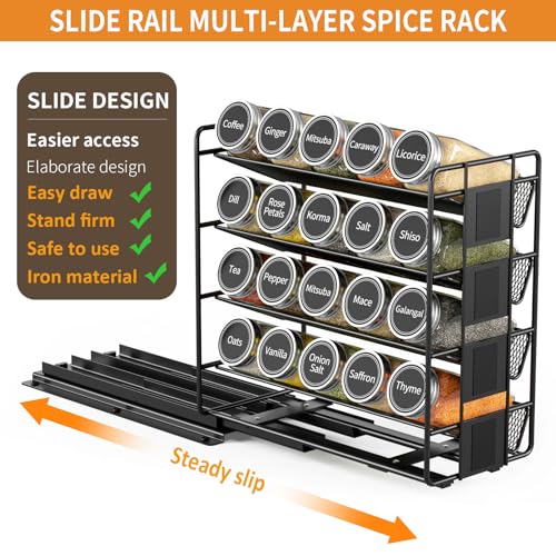 Spice Rack with 20 Jars,Metal Pull Out Spice Cabinet Storage Shelf 4 Tier Slide Seasoning Organizer Kitchen Storage Rack for Cabinet,Countertop,Pantry,Cupboard (Left Facing)