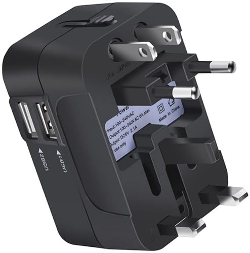 Travel Adapter, Worldwide All in One Universal Travel Adapter Wall AC Power Plug Adapter Wall Charger with Dual USB Charging Ports for AU, US, EU, UK Cell Phone Laptop (Black)