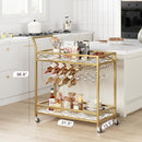 IDEALHOUSE Gold Bar Cart, 2 Tier Bar Carts for The Home, Bar Carts with 4 Wheels, White Marble Finish Wood Shelf , Wine Rack & Glass Holder for Kitchen, Living Room, Dining Room