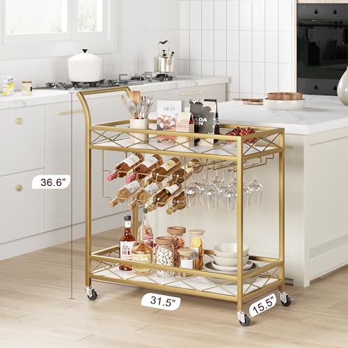 IDEALHOUSE Gold Bar Cart, 2 Tier Bar Carts for The Home, Bar Carts with 4 Wheels, White Marble Finish Wood Shelf , Wine Rack & Glass Holder for Kitchen, Living Room, Dining Room