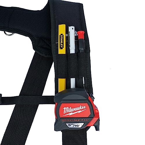 MELOTOUGH Tool Belt Braces Construction Bag Suspenders Padded Work belt Suspenders for Carpenter/Electrician/Roofing/Farmer work Suspension Rig(H Back, Black, Full Size