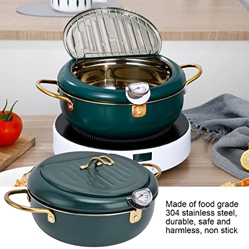 Deep Fryer Pot, 304 Stainless Steel Frying Pot with Thermometer & Lid High Temperature Resistance Nonstick Tempura Fry Pot Portable Mini Deep Fryer for French Fries Shrimp Chicken (Dark Green)