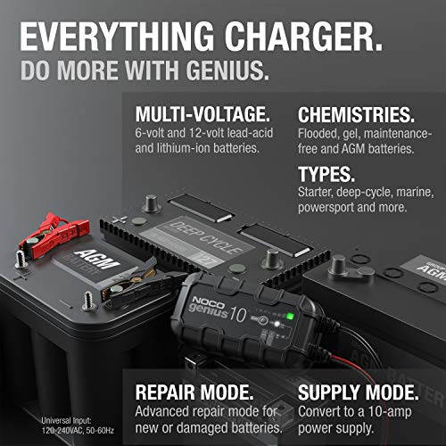 NOCO GENIUS10AU, 10A Smart Battery Charger, 6V and 12V Portable Car Battery Charger, Battery Maintainer, Trickle Charger and Desulfator for Automotive, Motorcycle, Motorbike, AGM and Lithium Batteries