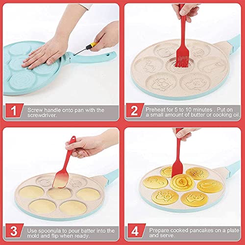 Kids Pancake Maker Pan, 7-Cup Animal Pancake Mold, Nonstick Grill Pan, Mini Blini Pancakes Mold for Children, 10 Inch, Frying Pan Omelet Pan for Burger Eggs Ham Pancake Maker With Silicone Brush (Pink)