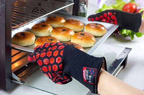 Heat Resistant Oven Gloves: EN407 Certified Withstand 932 °F, Double Layers Silicone Coating, BBQ Gloves & Oven Mitts For Cooking, Kitchen, Fireplace, Grilling, 1 Pair, Extended Long Cuff