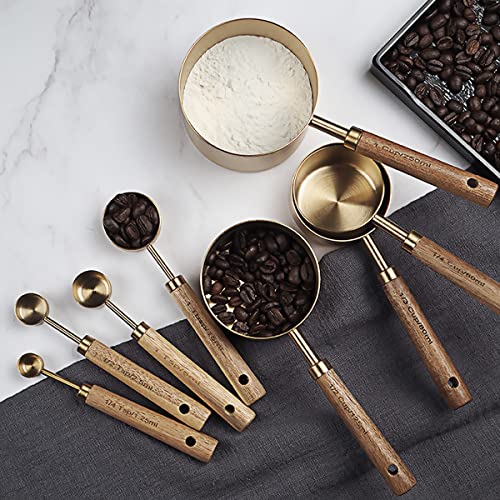 8Pcs Measure Cup and Spoon Set with Wooden Handle Gold Measuring Cup Spoon Set Stainless Steel Stackable Kitchen and Baking Measurement Kitchen Accessories for Home Kitchen Party