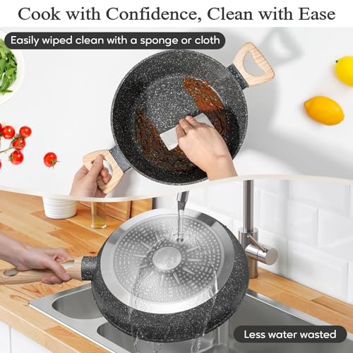 SODAY 12pcs Pots and Pans Set Non Stick Kitchen Cookware Sets Induction Cookware Nonstick Granite Cooking Set with Frying Pans, Saucepans, Steamer Silicone Shovel Spoon & Tongs (Black)