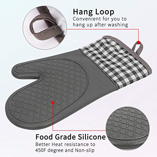 FYY Silicone Oven Mitts with Heat Resistant 450 F Set of 2, Soft Material Quilting Lining Non Slip Oven Gloves and Pot Holder Kitchen Set for Cooking, Baking, Pizza, BBQ Gloves 1 Pair, Grey