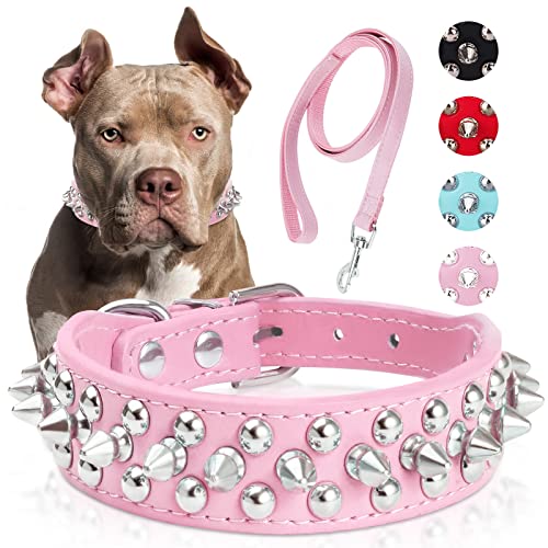 𝐔𝐏𝐆𝐑𝐀𝐃𝐄𝐃 𝐕𝐄𝐑𝐒𝐈𝐎𝐍 Spiked Studded Leather Dog Collar with Leash, Epesiri Rivet PU Leather Dog Collars for Pit Bull, Durable Leather Cat Collar Spiked Studded for Small Medium Large Pet