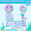 Mermaid Birthday Party Supplies,113pcs Mermaid Party Tableware Set-Mermaid Party Plates and Napkins Cups & Mermaid Theme Party Tablecloth etc Mermaid Themed Party Tableware Supplie,Serves 16