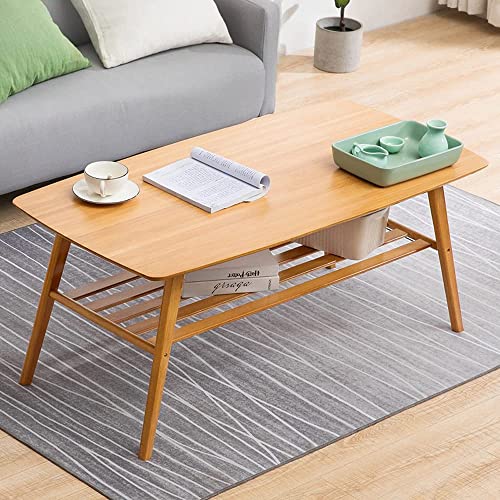 Mofish Coffee Table, Center Table, Natural Bamboo Table, 2 Tier End Table with Storage Shelf, Japanese Style Modern Simple Wood Sofa Table for Home Living Room Office - Wood Color(100 x 50 x 50CM)