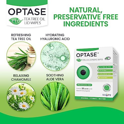 Optase Tea Tree Oil Eyelid Cleansing Wipes - for Daily Eyelid Hygiene & Relief for Blepharitis, Tired and Dry Eyes - 20 Wipes