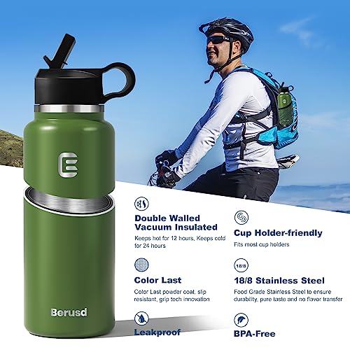 Berusd Insulated Water Bottle, Leak Proof, Vacuum Insulated Stainless Steel Sports Water Bottle, Double Walled, Travel Cup Thermo Mug Drink Flasks, Metal Canteen,Sage Green