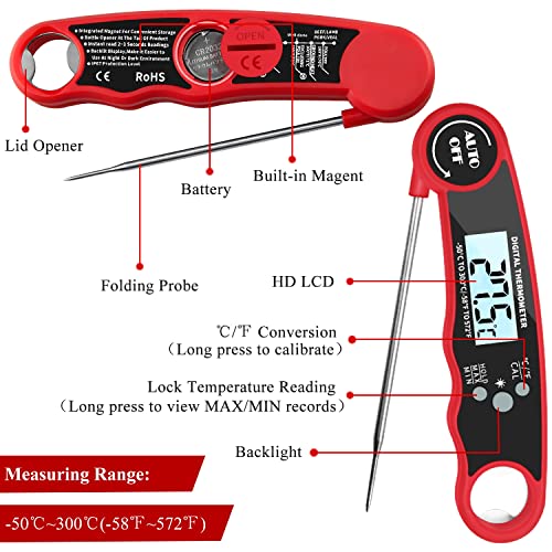 AIKIDS Meat Thermometer Food Thermometer - Waterproof Digital Instant Read Kitchen Thermometer with Backlight and Hold Record, with Magnet and Corkscrew for Cooking Deep Frying Grilling BBQ Liquids