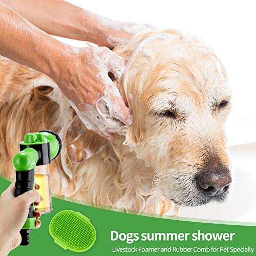 2 Pieces Pet Bathing Tool Set Include Hose Nozzle Soap Dispenser and Dog Rubber Comb Brush, Spray Foamer Wash Foam Sprayer, Dog Bathing Sprayer Bottle for Pets Showering(Green)