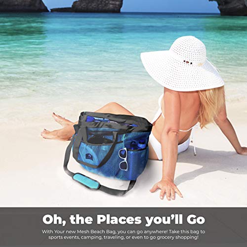 Red Suricata Large Mesh Beach Bag – Mesh Beach Tote Bag with Pockets - Beach Bags and Totes for Women with Zipper & 7 Large Elastic Pockets for Beach Accessories - Water Aerobics Bag (Celeste Light Blue/Grey)