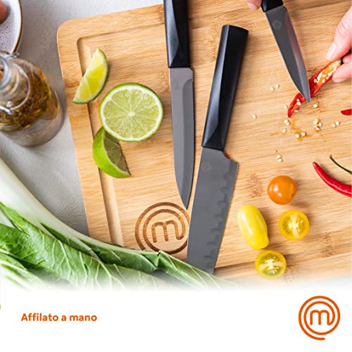 MasterChef Knife Set with Block 5 Kitchen Knives with Sharp Stainless Steel Blades (Paring, Utility, Carving, Bread, Chef) Japanese-Style Handles & Universal Holder, Plastic, Black