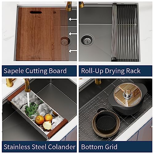 CELAENO 28 inch Gunmetal Black Stainless Steel Undermount Kitchen Sink, 28x19 Handmade 16 Gauge Single Bowl Workstation Sink, 10 Inch Deep All in One Kitchen Sink is equipped with various accessories