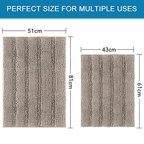 Smarcute Chenille Bath Mat Non Slip Bath Mat Set for Bathroom Extra Thick Soft Striped Bath Rug Water Absorbent Shag Carpet for Bathroom - (2 Piece - 50cm x 81cm / 43cm x 61cm) Khaki