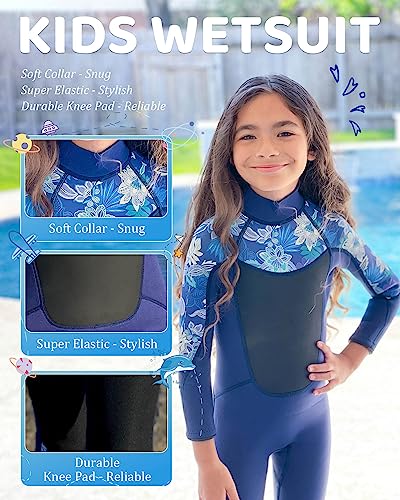 XUKER Wetsuit Girls 3mm, Neoprene Wet Suits with Premium CR Chest and Back for Kids in Cold Water Full Body Dive Suit for Diving Snorkeling Surfing Swimming Canoeing (Girl 8)