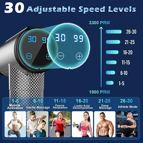 Muscle Massage Gun Deep Tissue for Athletes, Percussion Massagers for Neck Back, Shoulder Body Pain Relief, 30 Speeds Quiet Handheld Massager, LCD Touch Screen with 10 Heads