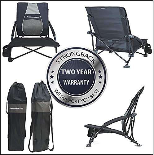STRONGBACK Low Gravity Beach Chair with Built-in Lumbar Back Support, Heavy Duty Portable Folding Beach Chair for Adults, Black