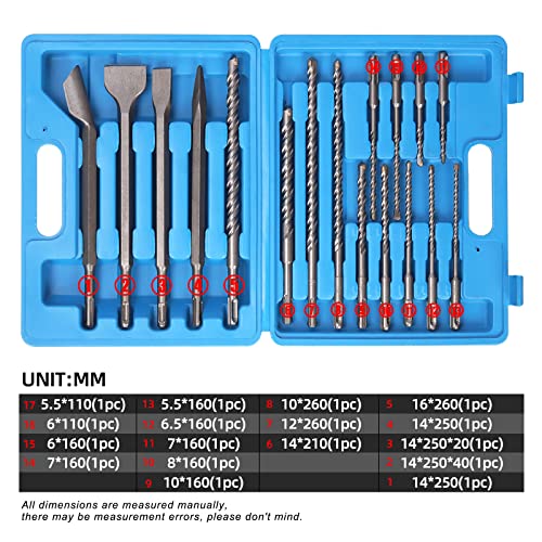 Swpeet 17Pcs Rotary Hammer Drill Bits and Chisel Set, 13 Drill Bits and 4 Chisels with Storage Case, Concrete Masonry Hole Tool Carbide-Tipped Masonry Drill Bits and Chisels for Concrete Stone Brick