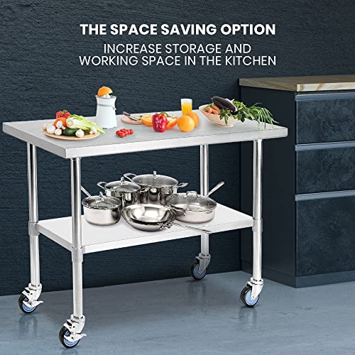 Simplus 1800x600mm Stainless Steel Kitchen Bench 430 Food Grade Workbench Food Prep Table w/Wheels Commercial Heavy Duty Table for Restaurant, Home and Hotel, Silver