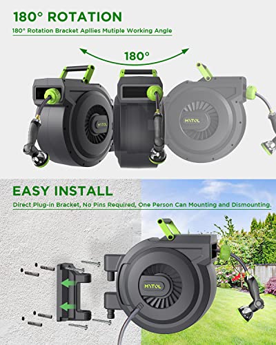  MYTOL Retractable Garden Hose Reel, 5/8 Inch x 82 ft + 6 ft Wall  Mounted Water Hose Reel with Auto Slow Rewind System, 10-Pattern Nozzle,  Any Length Lock, 180° Swivel Bracket