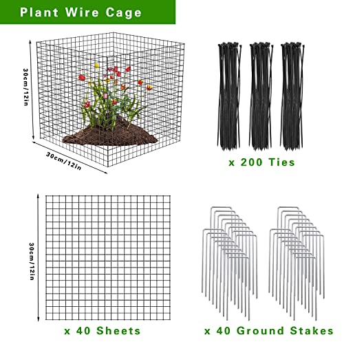 10 Pack Wire Plant Protectors Square Wire Plant Cages Mesh Plant Cage Chicken Wire Cloche with 40 Ground Stakes and 200 Nylon Ties Protect Plants, Garden,Shrubs and Vegetables from Animals, 12x12 inch