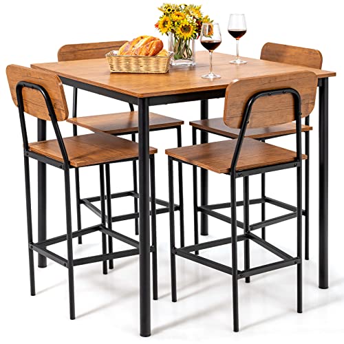 Giantex 5-Piece Dining Bar Table Set, 4 Person Kitchen Breakfast Table Set with Steel Frame, Industrial Counter Height Table Set, Dining Table and Chair Set for Home, Restaurant & Cafe, Walnut