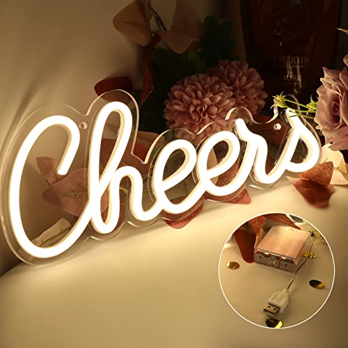 ATOLS Cheers Neon Sign for Home Bar, Battery or USB Powered Cheers Led Sign for Wall Decor, Neon Bar Sign for Bachelorette Party, Bar Beer Party, Size-13x5Inch, Warm White