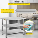 VEVOR Stainless Steel Prep Table, 48x18x33 in Commercial Stainless Steel Table, 2 Adjustable Undershelf BBQ Prep Table, Heavy Duty Kitchen Work Table, for Garage, Home, Warehouse, and Kitchen Silver