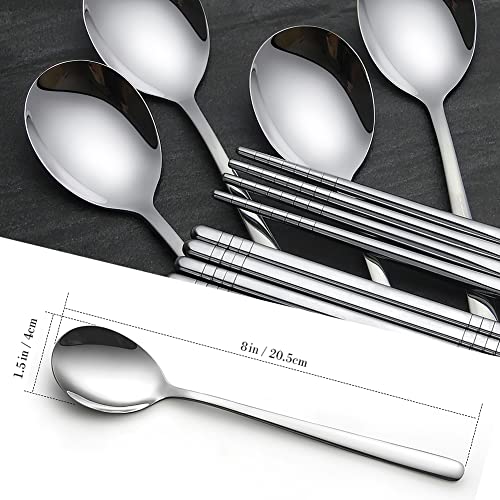 AOOSY 4 Set Chopsticks Spoons,Non-Slip Reusable Stainless Steel Chopsticks Korean Soup Spoon Set Healthy Silverware Tableware,Dishwasher Safe