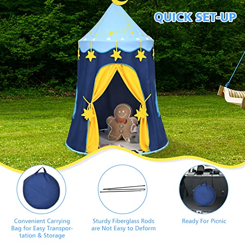 HONEY JOY Kids Play Tent, Foldable Pop Up Playhouse for Children w/Star String Light & Carrying Bag, Indoor Outdoor Castle Tent Playhouse for Parties Celebrations, Portable Play Tent w/2 Mesh Windows