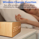 Wooden Alarm Clock with Wireless Charging, 3 Alarm LED Display with Adjustable Time Temperature Brightness, Sound Control for Home, Kids Bedroom, Office, Bedside