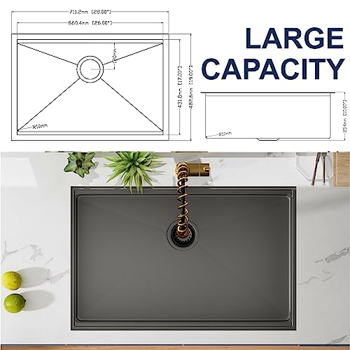 CELAENO 28 inch Gunmetal Black Stainless Steel Undermount Kitchen Sink, 28x19 Handmade 16 Gauge Single Bowl Workstation Sink, 10 Inch Deep All in One Kitchen Sink is equipped with various accessories