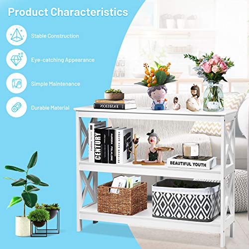 Giantex Industrial 3-Tier Console Table, Rustic Sofa Side Table with Storage Shelf, X-Design Bookshelf Narrow Accent Table for Entryway Hallway Living Room (Model 2, White)