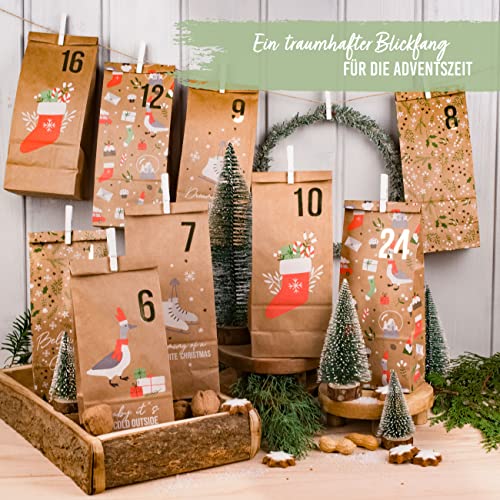 Papierdrachen Advent Calendar for Filling - 24 Brown Printed Gift Bags and 24 Number Stickers and Clips - Christmas Motif - for Crafts and Gifts - Christmas