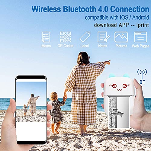 Pocket Mini Printer, Portable Bluetooth Thermal Printer with 3 Rolls Printing Paper for iOS Android, Mobile Wireless Label Receipt Sticker Photo List Notes Inkless Smart Printing Gift