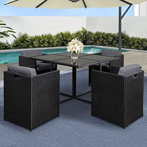 Gardeon Outdoor Dining Set 5pcs Rattan Wicker Lounge Setting Table and Chairs, Patio Conversation Sets Furniture Garden Backyard, Weather-Resistant Cushions Storage Cover Black Glass Tabletop